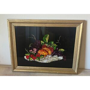 Superb Antique Folk Art Tinsel Foil Reverse Artwork Fruit bowl Gold Framed 12x15